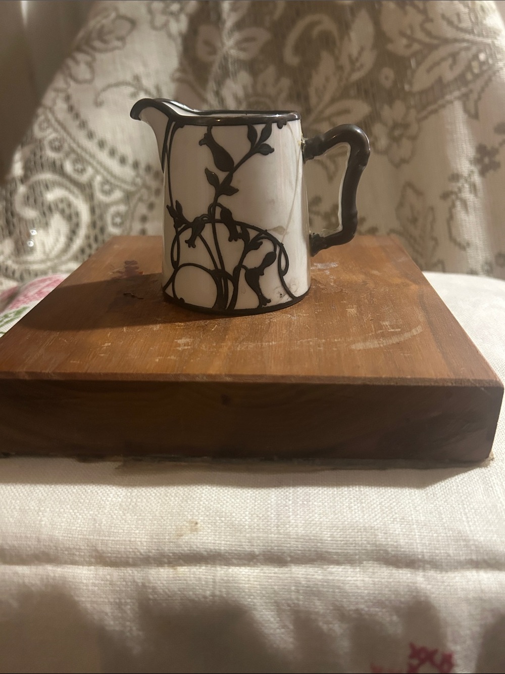 Decorative White Ceramic Creamer with Black Vine Motif